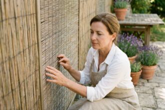 Femme examinant un brise-vue en bambou dans un jardin bien entretenu avec des pavés en pierre et des pots de lavande