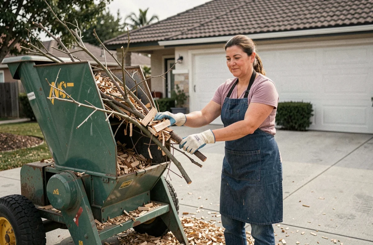 Femme utilisant un broyeur de branches pour valoriser les déchets d'élagage en copeaux de bois
