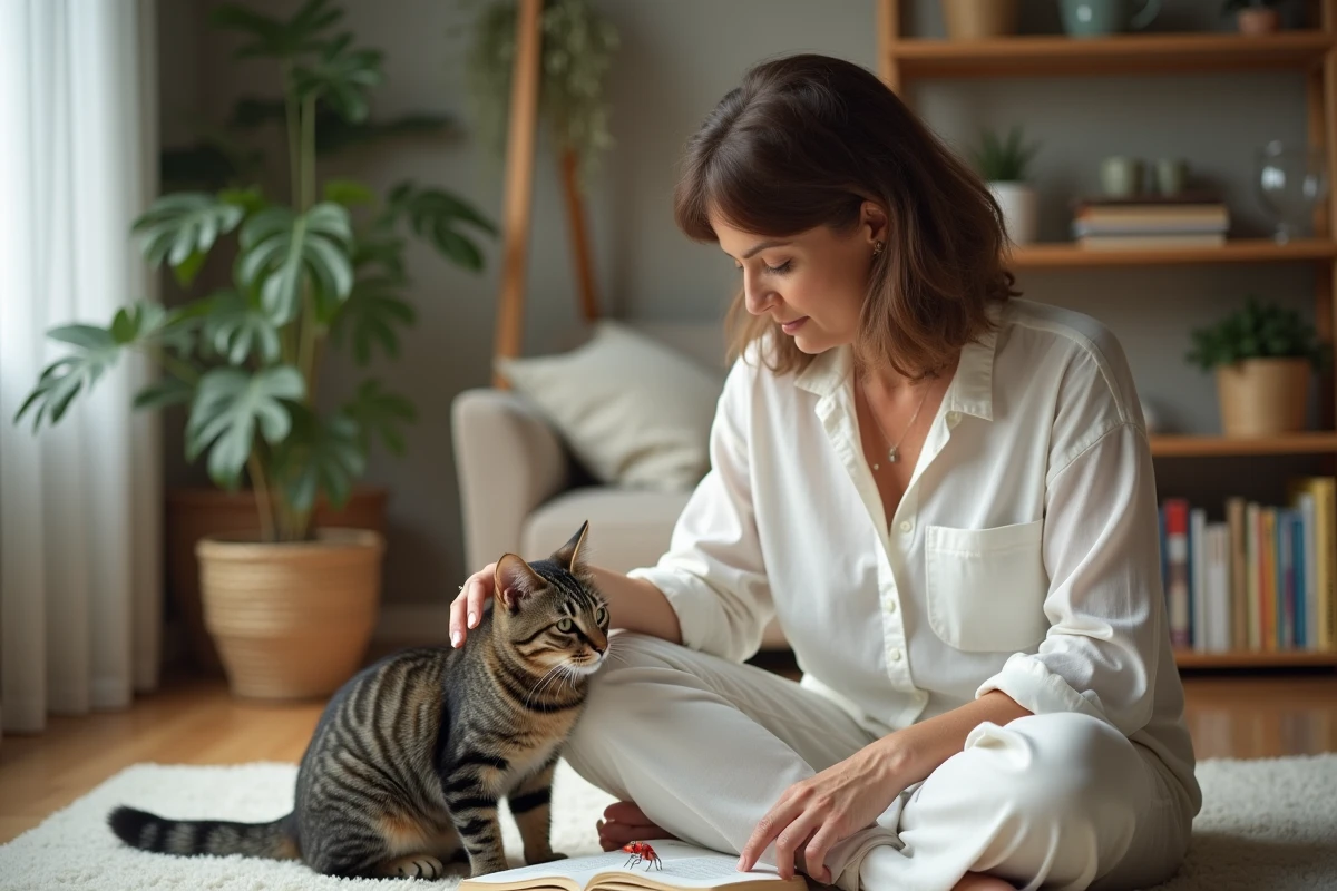 Femme et chat observant un insecte sur un livre à la maison