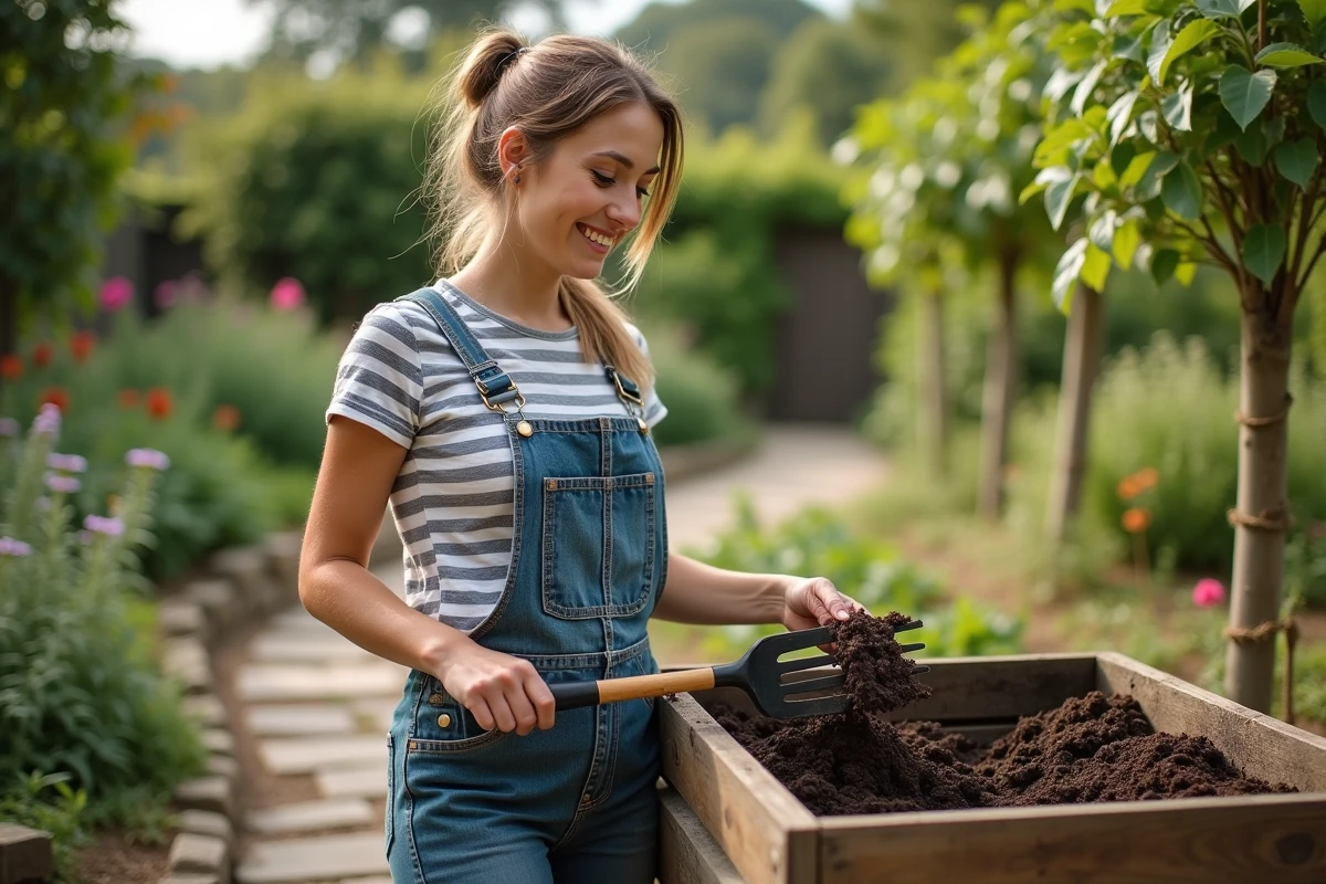 Jeune femme tournant du compost dans le jardin