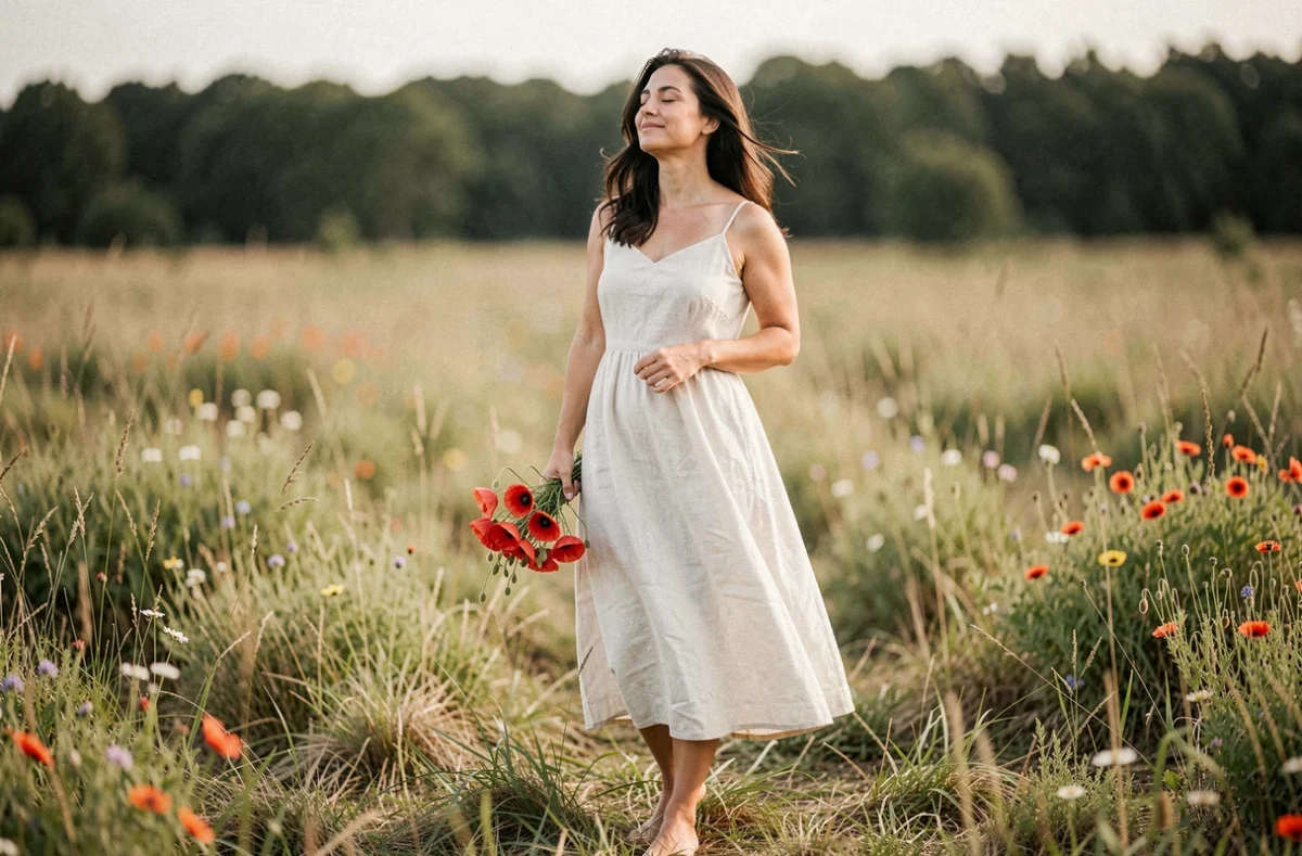 Femme tenant un bouquet de coquelicots dans une prairie symbole de liberté et de sérénité