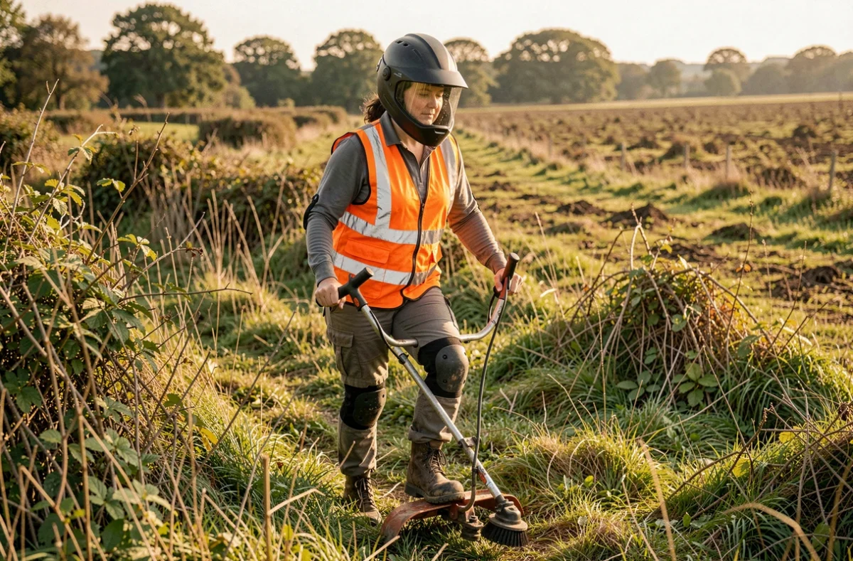 Femme descendant d'une débroussailleuse autoportée équipée de vêtements et accessoires de protection professionnels dans une prairie broussailleuse