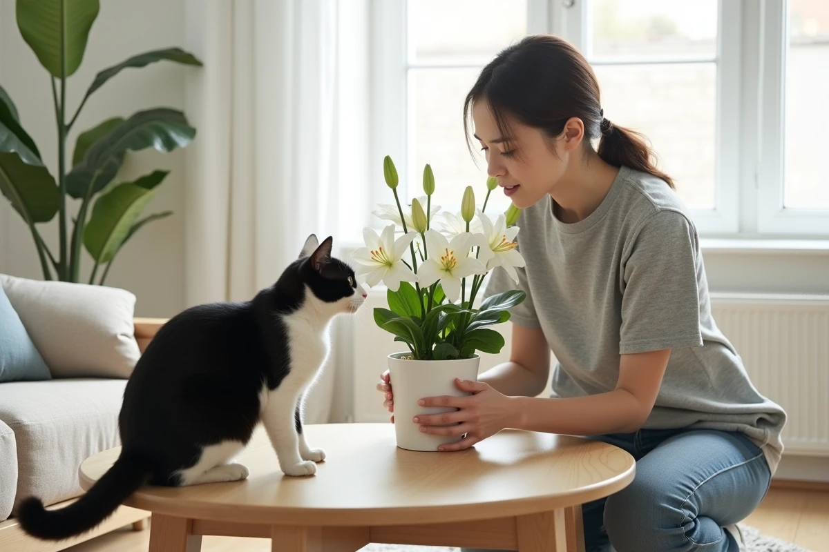 Femme déplaçant un pot de lys oriental blanc hors de portée d'un chat noir et blanc dans un salon moderne, illustrant les précautions à prendre
