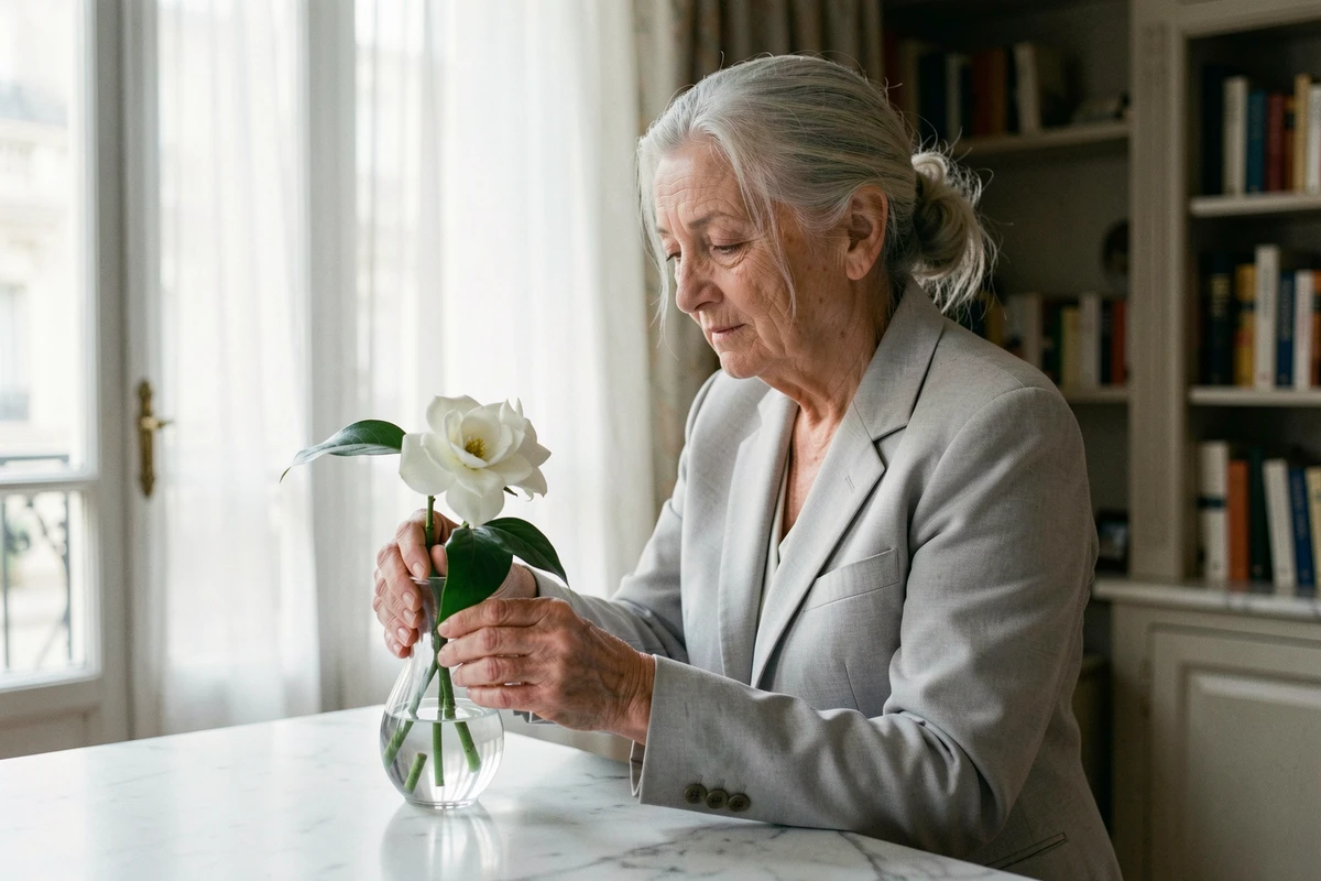 Femme élégante aux cheveux argentés plaçant une gardénia blanche dans un vase en verre dans un appartement parisien, illustrant la signification profonde des fleurs blanches