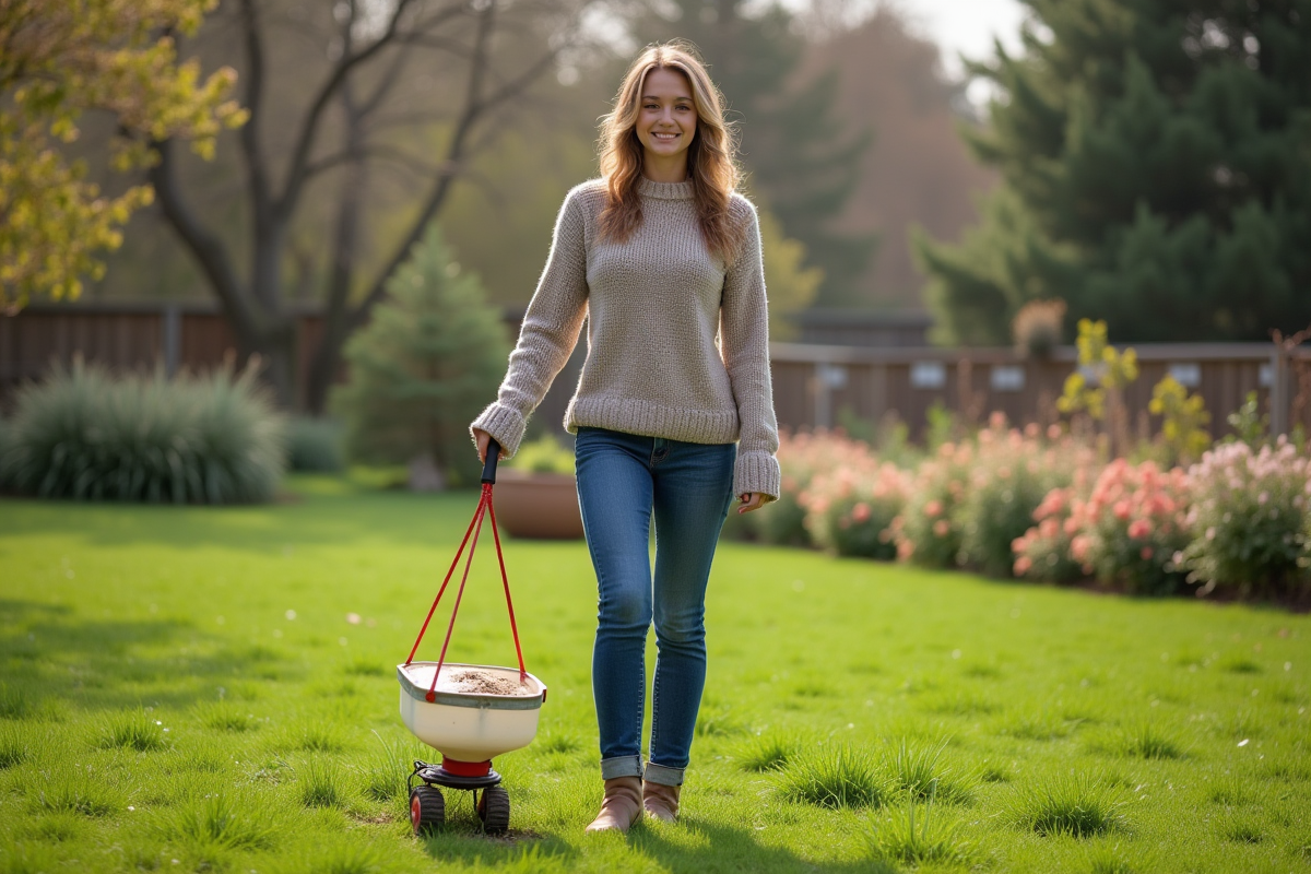 Jeune femme en sweater distribuant engrais naturel dans le jardin