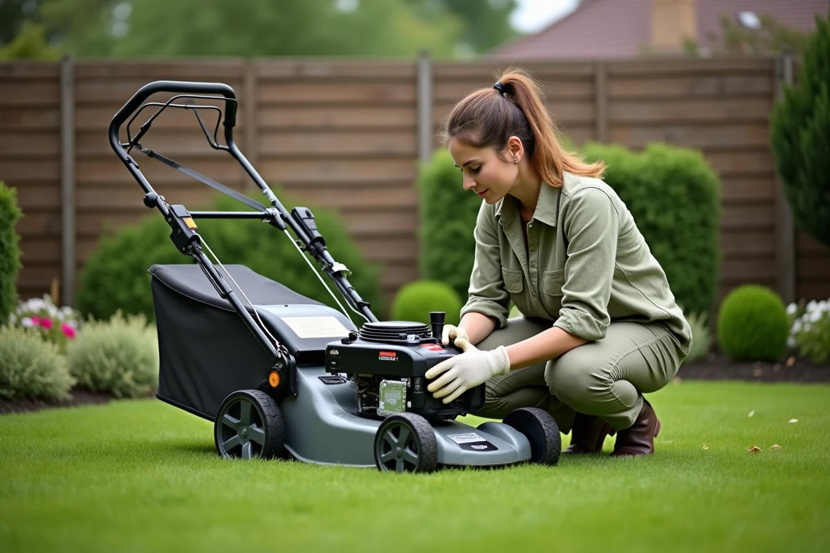 Femme lisant l'étiquette de carburant recommandé sur une tondeuse à gazon dans un jardin, pour choisir entre essence 95 et 98 et protéger les soupapes