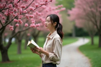 Jeune femme observant un arbre à feuilles roses dans un parc