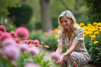 Femme souriante dans un jardin fleuri au printemps