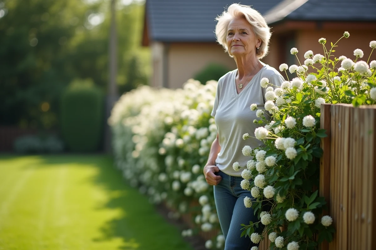Femme admirant sa haie fleurie blanche sans entretien dans un jardin de maison individuelle au printemps