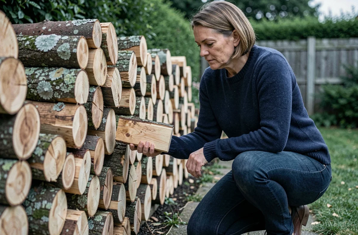 Femme inspectant des bûches de hêtre de 33 cm empilées en stère dans un jardin de maison individuelle