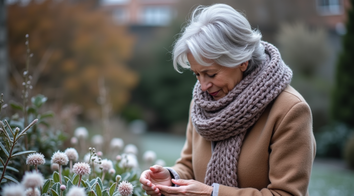 Femme dans son jardin d'hiver examinant des hellebores