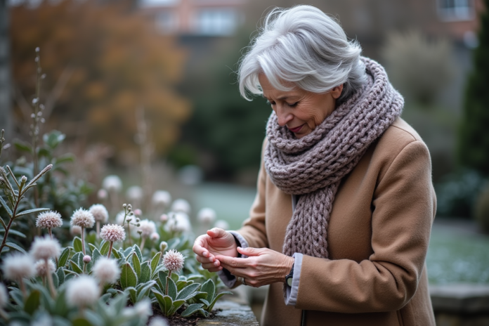 femme-jardin-hiver-hellebore Femme dans son jardin d'hiver examinant des hellebores