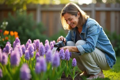 Femme arrosant hyacinths dans son jardin au printemps
