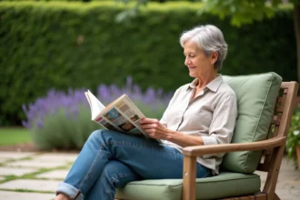 Femme d'âge moyen lisant un magazine dans un jardin paisible