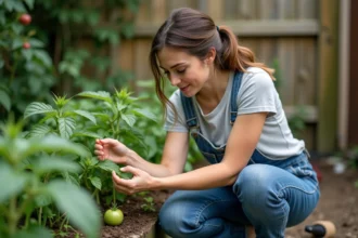 Jeune femme inspectant une tomate avec un insecte rouge