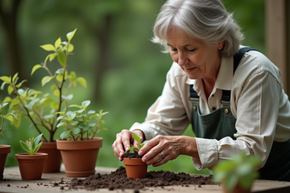 Femme plantant une plante dans un pot en terre cuite dans son jardin