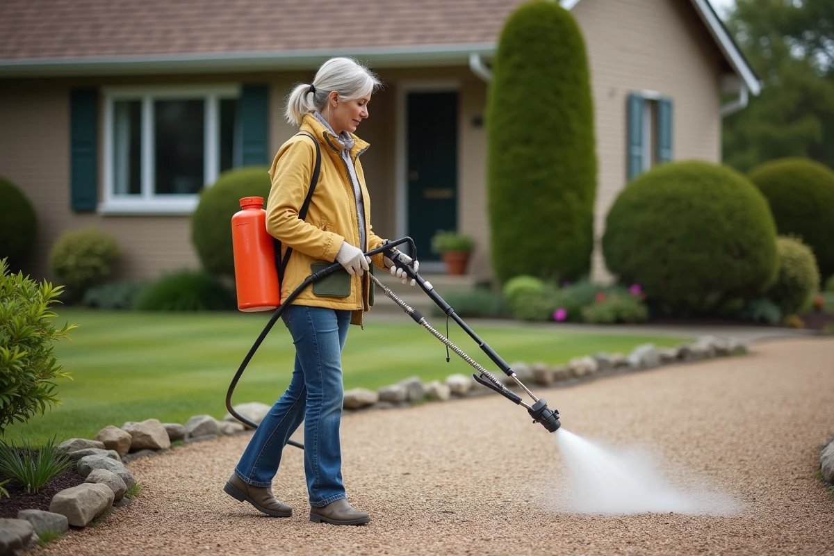 Femme utilisant un pulvérisateur dans l’allée pavée