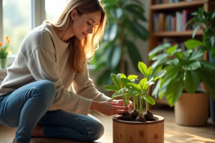 Femme inspectant jeunes pousses de begonia dans un salon lumineux
