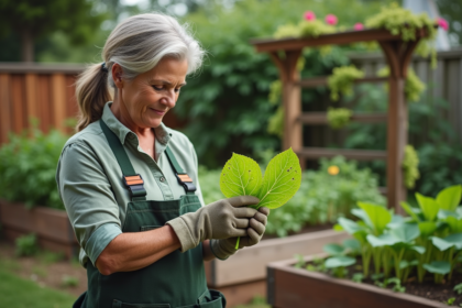 Femme d'âge moyen examinant une feuille verte dans le jardin