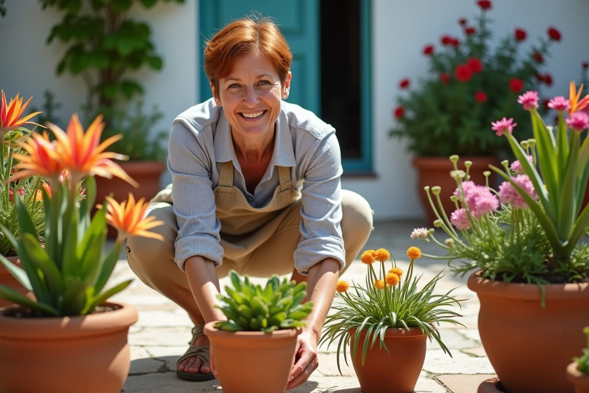 Femme jardinière entretenant des fleurs originales en pot sur une terrasse en pierre, avec des oiseaux du paradis et des protéas dans un jardin méditerranéen