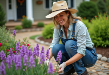 Fleur vivace résistante : quelle variété fleurit le plus longtemps ? Femme jardiniere examine des fleurs violettes dans son jardin