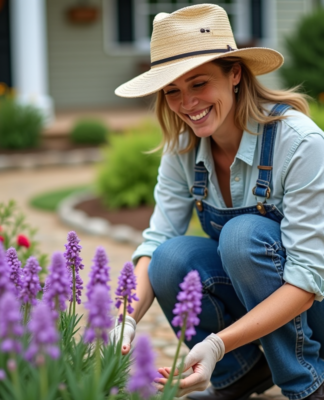 Femme jardiniere examine des fleurs violettes dans son jardin