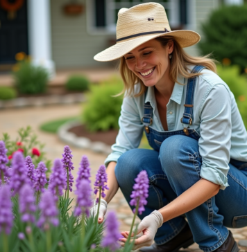Fleur vivace résistante : quelle variété fleurit le plus longtemps ? Femme jardiniere examine des fleurs violettes dans son jardin