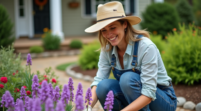 Femme jardiniere examine des fleurs violettes dans son jardin