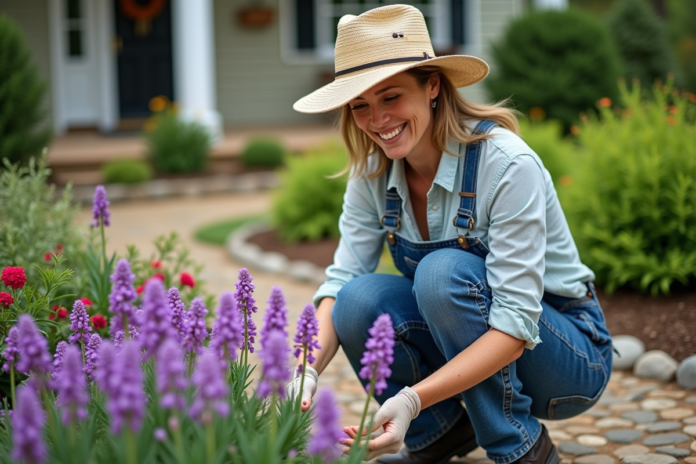 Femme jardiniere examine des fleurs violettes dans son jardin