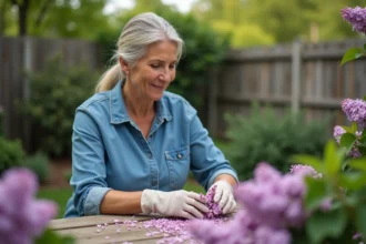 Femme en chemise en denim et gants de jardinage préparant des lilas dans son jardin