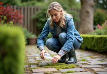 Vinaigre blanc : un remède efficace contre la mousse ? Femme en jardinage verse du vinaigre sur la mousse