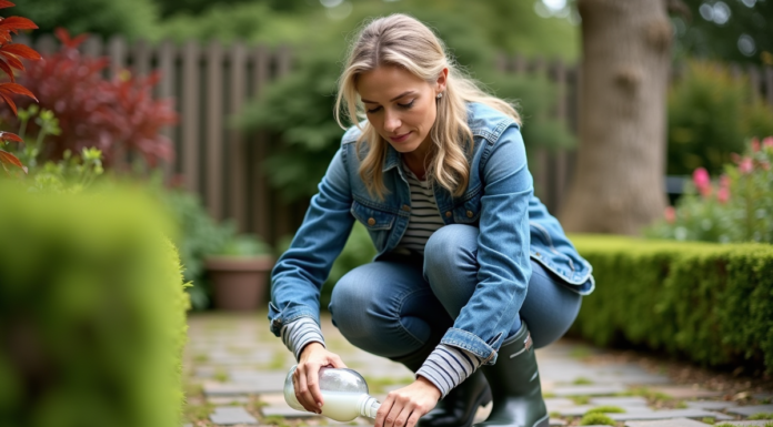 Femme en jardinage verse du vinaigre sur la mousse