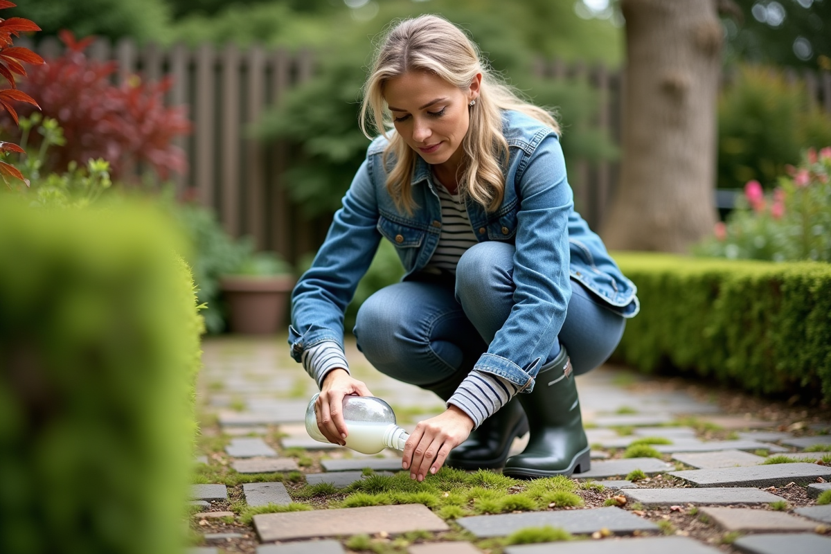 Femme en jardinage verse du vinaigre sur la mousse