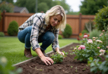 Planter efficacement un massif de plantes : conseils et astuces Femme en jardinage arrangeant des perenes dans un jardin
