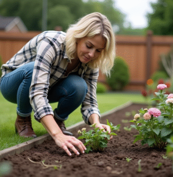 Planter efficacement un massif de plantes : conseils et astuces Femme en jardinage arrangeant des perenes dans un jardin