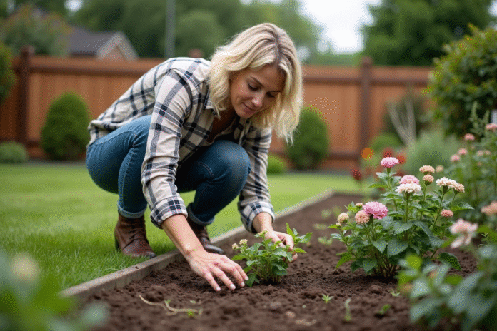 femme-jardinage-perenes Femme en jardinage arrangeant des perenes dans un jardin