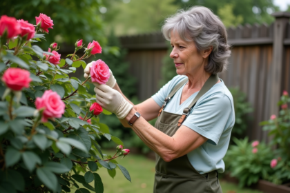 Femme d'âge moyen taillant des roses dans un jardin fleuri