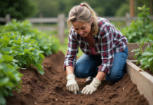 Femme jardiniere testant le sol dans le jardin