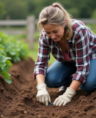 Femme jardiniere testant le sol dans le jardin