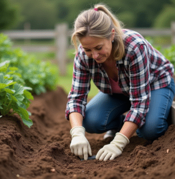 Femme jardiniere testant le sol dans le jardin