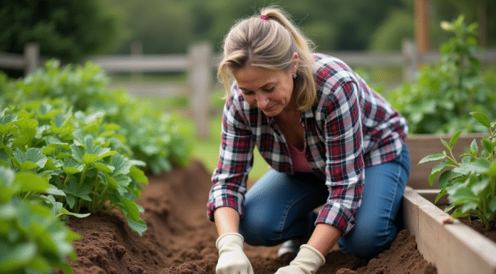 Femme jardiniere testant le sol dans le jardin