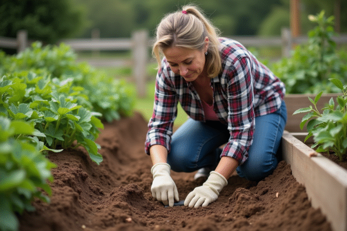 Femme jardiniere testant le sol dans le jardin