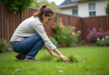 Herbe facile : quelle variété ne nécessite pas de tonte ? Femme en jeans de jardinage dans un jardin verdoyant