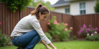 Femme en jeans de jardinage dans un jardin verdoyant