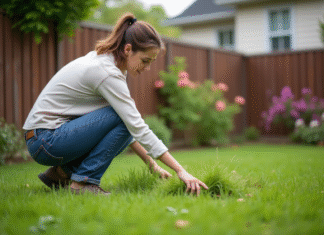 Herbe facile : quelle variété ne nécessite pas de tonte ? Femme en jeans de jardinage dans un jardin verdoyant