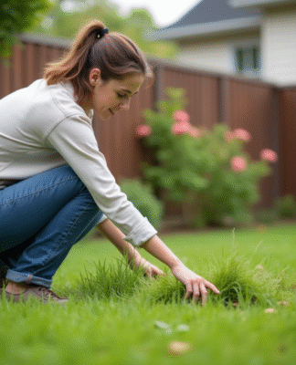 Femme en jeans de jardinage dans un jardin verdoyant