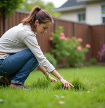 Femme en jeans de jardinage dans un jardin verdoyant