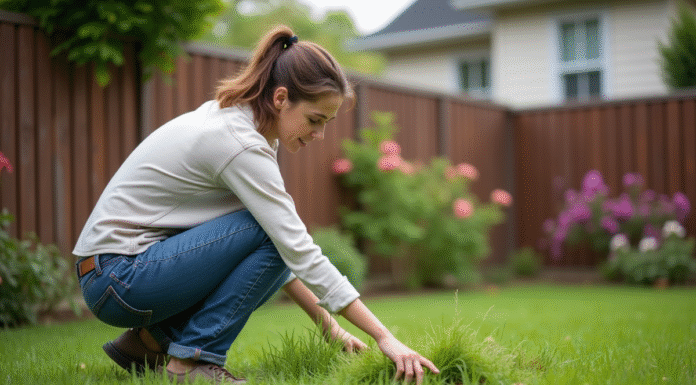 Femme en jeans de jardinage dans un jardin verdoyant