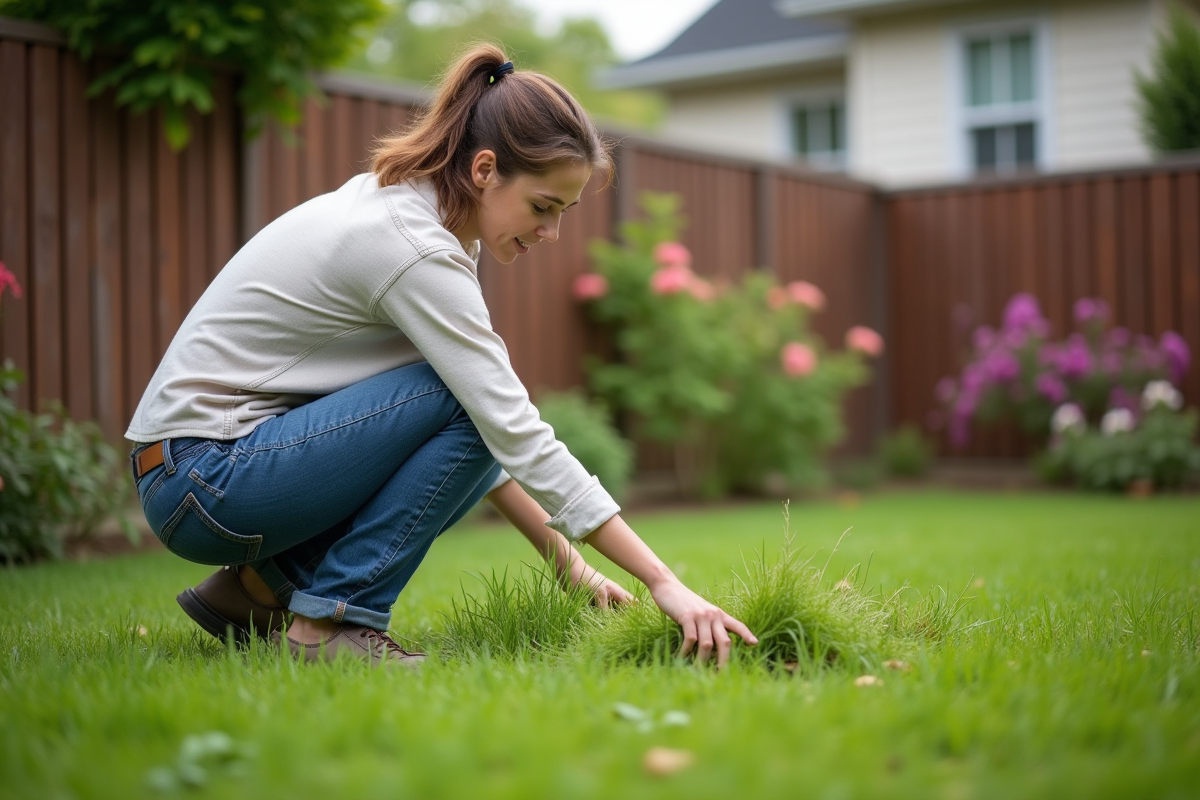 Femme en jeans de jardinage dans un jardin verdoyant