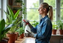 Fongicide populaire : quel est le plus efficace pour vos plantes ? Femme en denim arrosant plante verte dans la serre